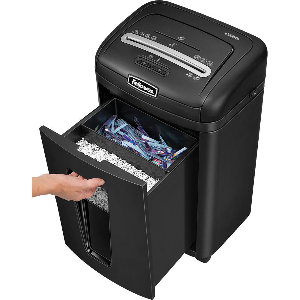 Fellowes Powershred 450M Micro-Cut Paper Shredder – Heavy-Duty Steel Blades, Office Use, Black – 9-Sheet Capacity, P-5 Security Level, Silent Shred™ Technology Fellowes Powershred 450M Micro-Cut Paper Shredder – Heavy-Duty Steel Blades, Office Use, Black – 9-Sheet Capacity, P-5 Security Level, Silent Shred™ Technology